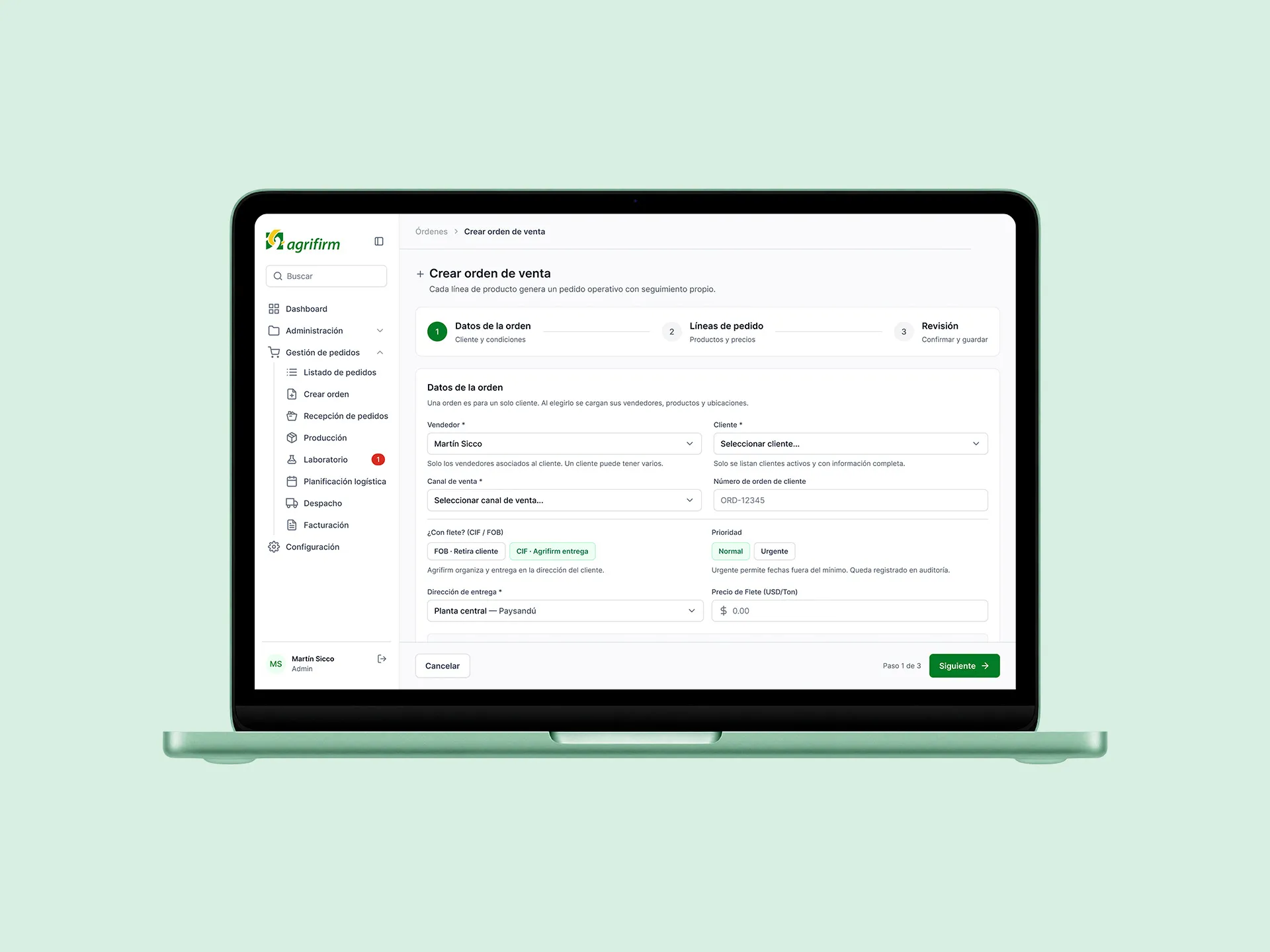 Laptop showing the Agrifirm sales order screen