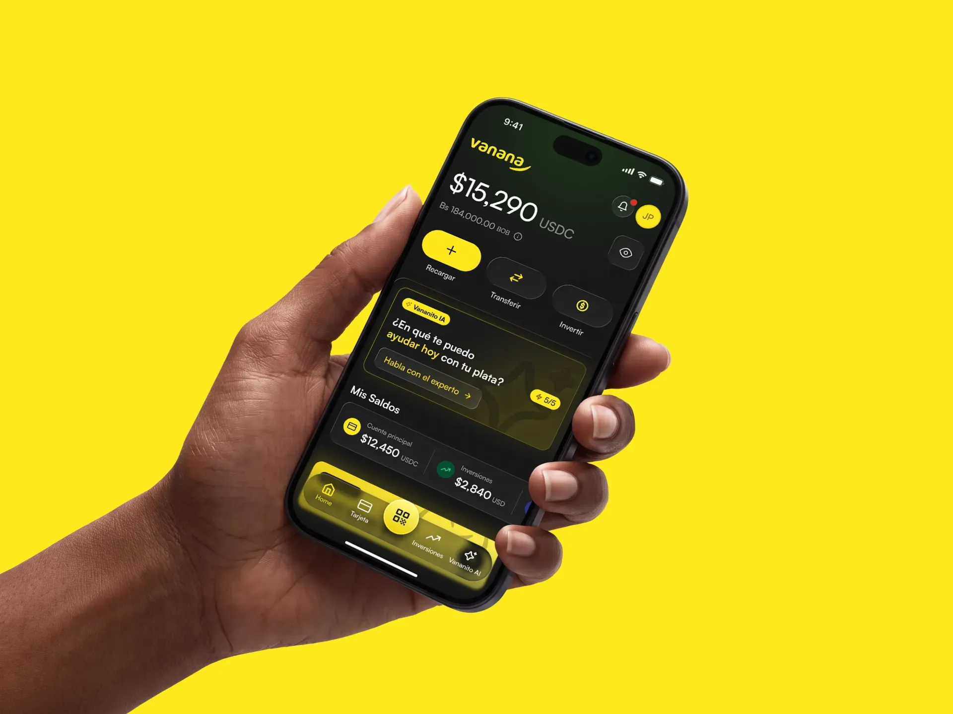 Celular con la app de billetera Vanana