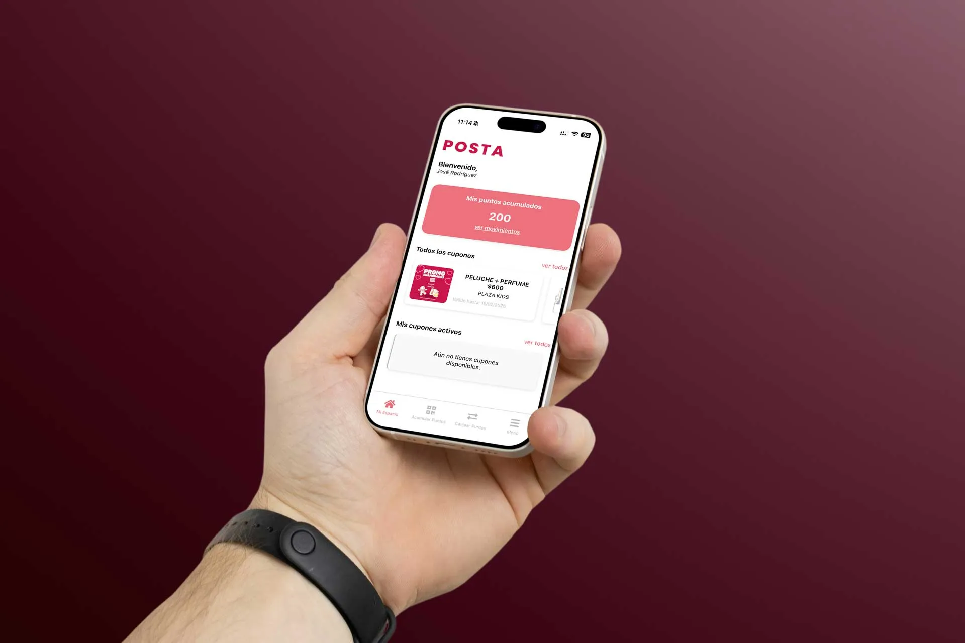 Mano sosteniendo un celular con la app de Posta