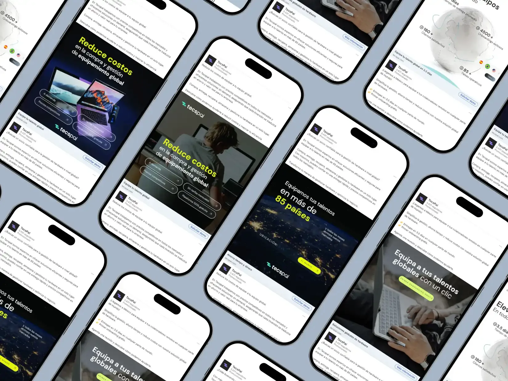 Grid of phones showing Tecspal social media ads